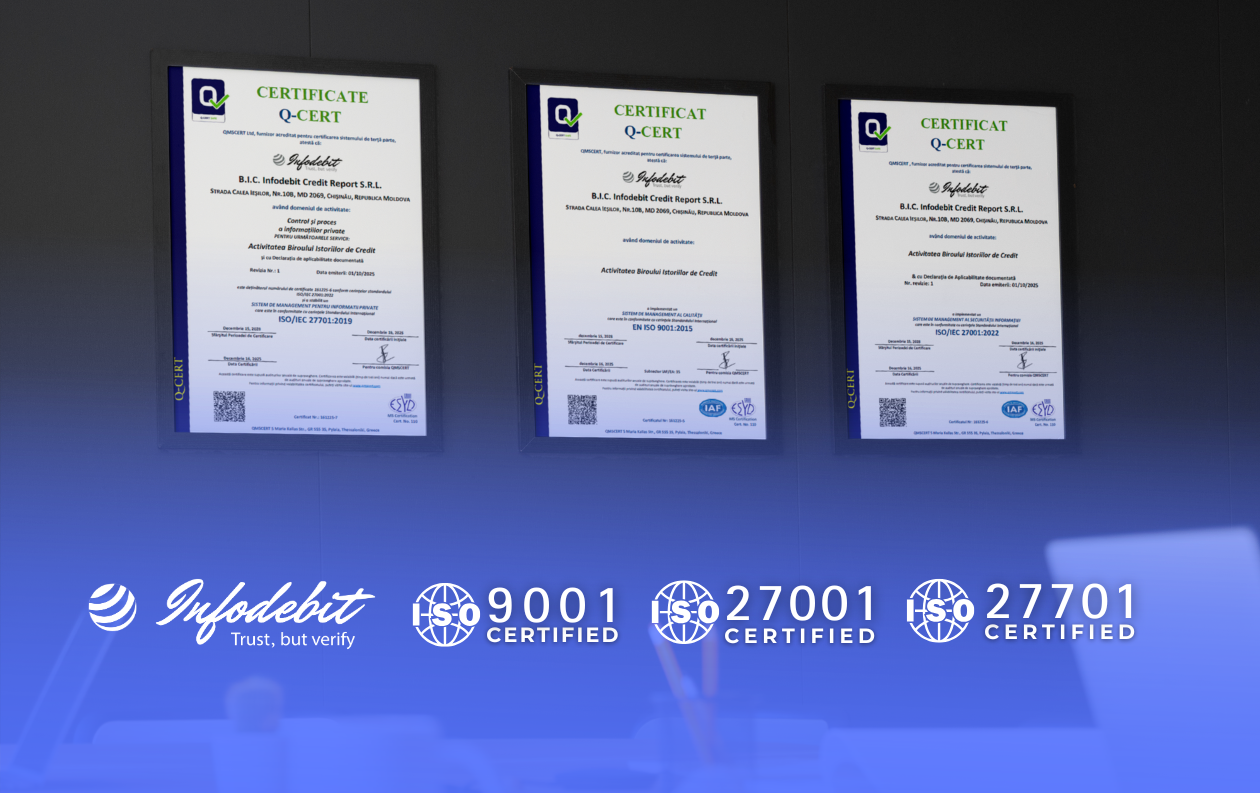 INFODEBIT a trecut cu succes certificarea ISO 9001, ISO 27001 și ISO 27701